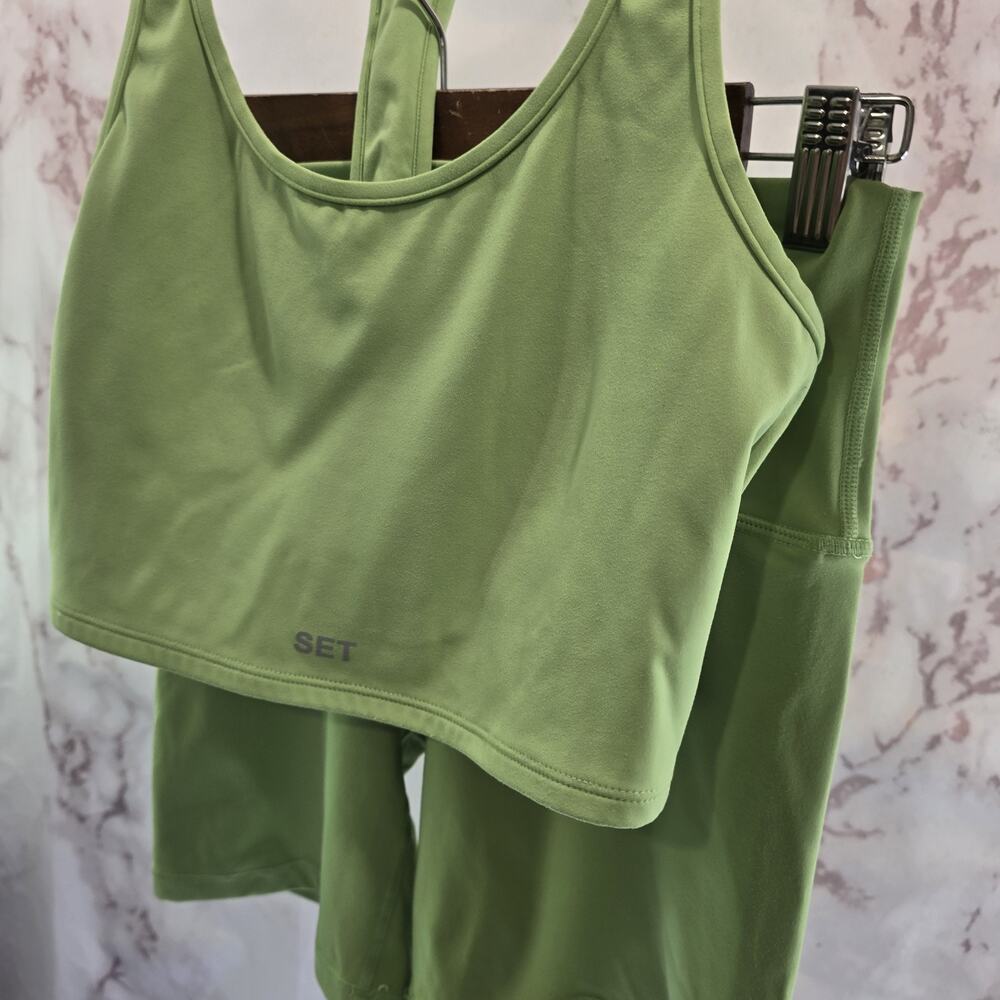 Set Active Bra Shorts Womens Medium Green Bike High Rise Active Matching Set - Picture 2 of 9